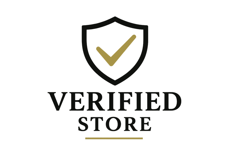 Icono o logo de tienda verificada, que de seguridad y profesional, negro blanco y dorado